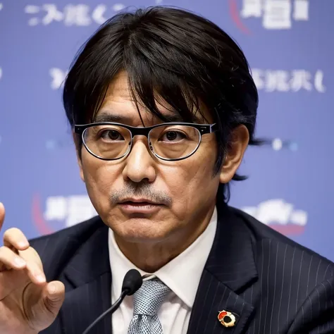 Japanese, male, uncle, suit figure, politician, wearing 3D glasses, serious expression, Hair is black, hair is short, carrying a squirrel on his shoulder, Holding a press conference