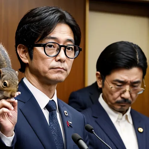 Japanese, male, uncle, suit figure, politician, wearing 3D glasses, serious expression, Hair is black, hair is short, carrying a squirrel on his shoulder, Holding a press conference