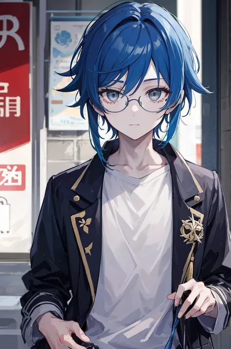 1 boy, zombie, mature, shirt,jacket, Cute, Genshin&#39;s influence, anime,blue hair, White skin, gray eyes, glasses