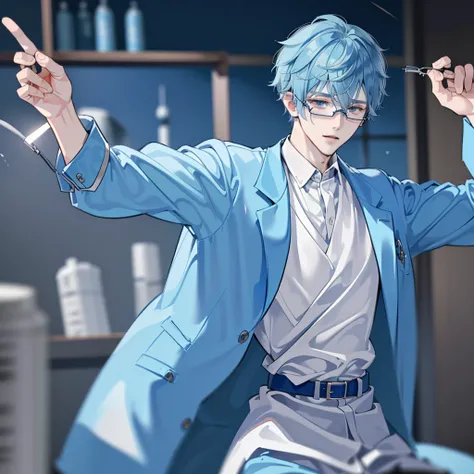 Best quality，ultra high resolution，light blue hair，laboratory，anime стиль, (/laboratoryoratory background 1.5), 1 boy, zombie, mature, shirt,jacket, Cute, Genshin&#39;s influence, anime,blue hair, White skin, gray eyes, glasses