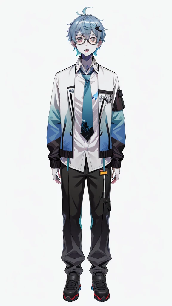 vtubermodel of 1 boy, zombie, mature, shirt,jacket, Cute, Genshin&#39;s influence, anime,blue hair, White skin, gray eyes, glasses, High quality , Additional Information , rendered, White background, whole body