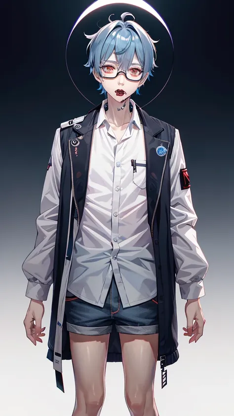 vtubermodel of 1 boy, zombie, mature, shirt,jacket, cute, genshin&#39;s influence, anime,blue hair, white skin, gray eyes, glass...