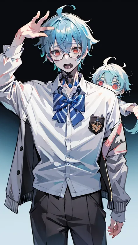 vtubermodel of 1 boy, zombie, mature, shirt,jacket, cute, genshin&#39;s influence, anime,blue hair, white skin, gray eyes, glass...