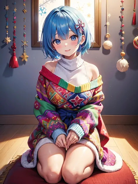 A vibrant scene of a young woman sitting in a traditional seiza position, showcasing her ugly sweater with a proud, beaming smile. Her sweater is adorned with bright, clashing colors and traditional ugly sweater designs like reindeer and snowflakes. rem,re...