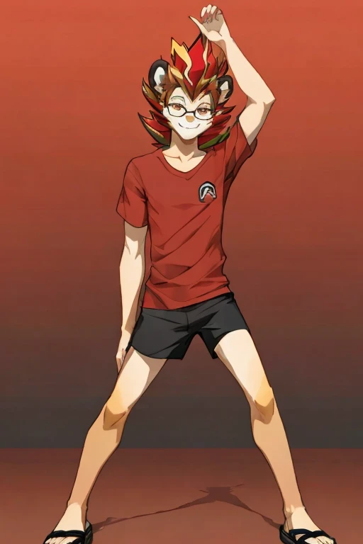 ((Pyroar)), anthropomorphic, pokemorph, (((1boy))), (((red shirt))), (black and white trunks), handsome, (black sandals), slender, brown skin, (glasses), long legs, smiling