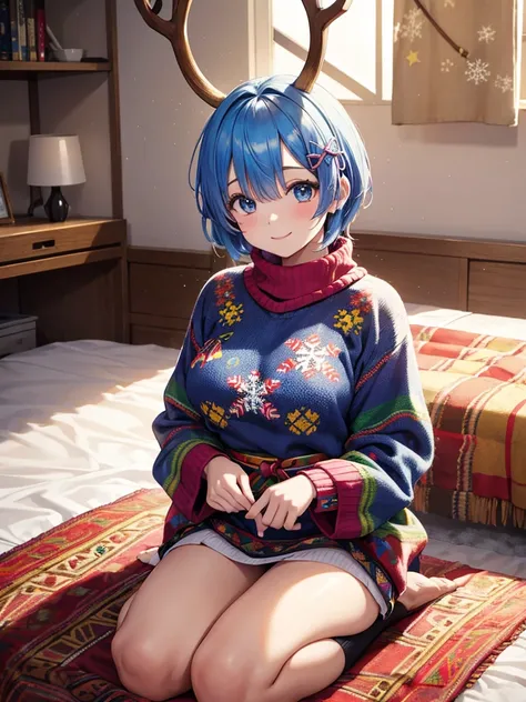 A vibrant scene of a young woman sitting in a traditional seiza position, showcasing her ugly sweater with a proud, beaming smile. Her sweater is adorned with bright, clashing colors and traditional ugly sweater designs like reindeer and snowflakes. rem,re...