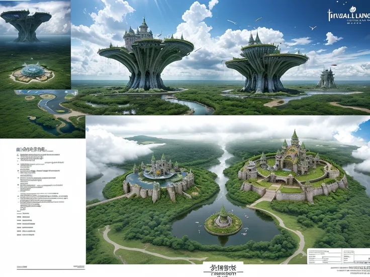 (Floating land and floating castle design of aerial forest and fountain, Over some clouds and thunderstorms)1.4, Birds-eye view, Scenery, No humans, A fantastic magical world, (Best Quality), (masutepiece:1.3), (Photorealistic:1.36), (Realistic), Ultra-det...