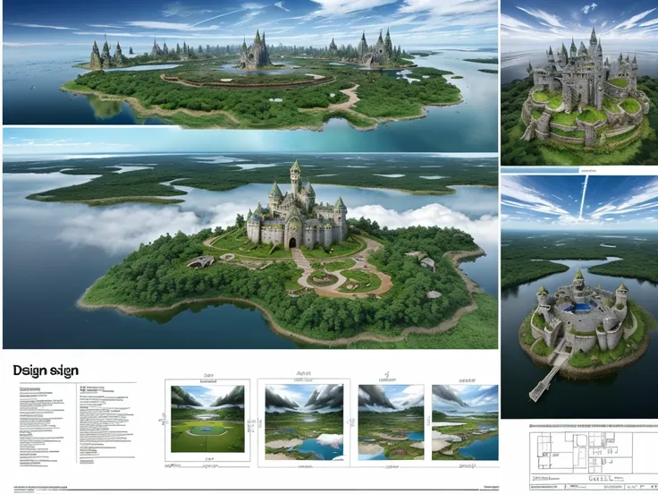 (Floating land and floating castle design of aerial forest and fountain, Over some clouds and thunderstorms)1.4, Birds-eye view, Scenery, No humans, A fantastic magical world, (Best Quality), (masutepiece:1.3), (Photorealistic:1.36), (Realistic), Ultra-det...