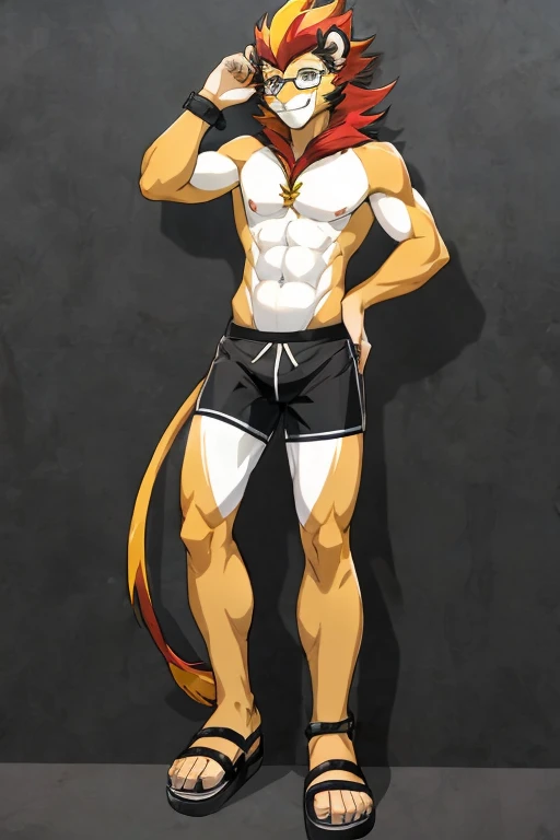 ((Pyroar)), anthropomorphic, pokemorph, (((1boy))), (black and white trunks), handsome, (black sandals), slender, brown skin, (glasses), long legs, smiling, bare chest