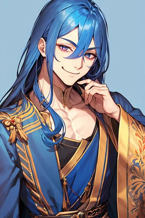 1male, solo, upper body,Blue hair, long hair,
Red eyes, long eyelashes, thick eyelashes, looking at viewer,
smile,
Blue Royal clothes background, simple background,