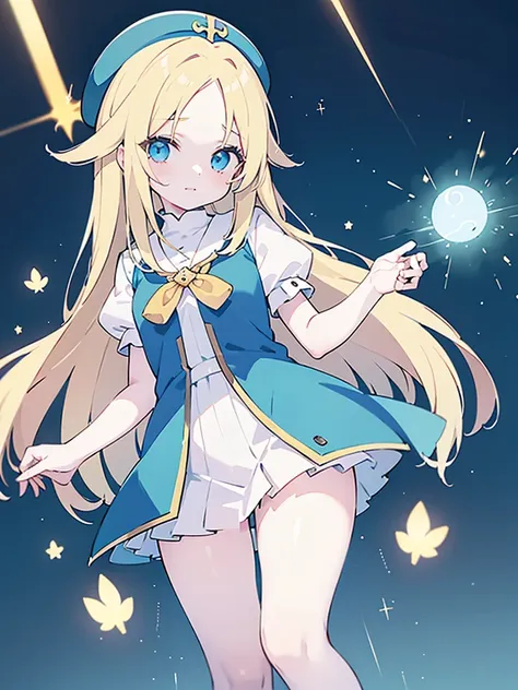 ((Mint Adnade from Tales of phantasia)), 1girl, solo, a priest, 18yo, blond long hair, ((straight hair)), deep blue eyes, Raising bangs, ((Forehead)), large tits, blue hat, ((blue long vestment)),魔法の杖, full body shot, she is spelling Healing magic, ((at ri...