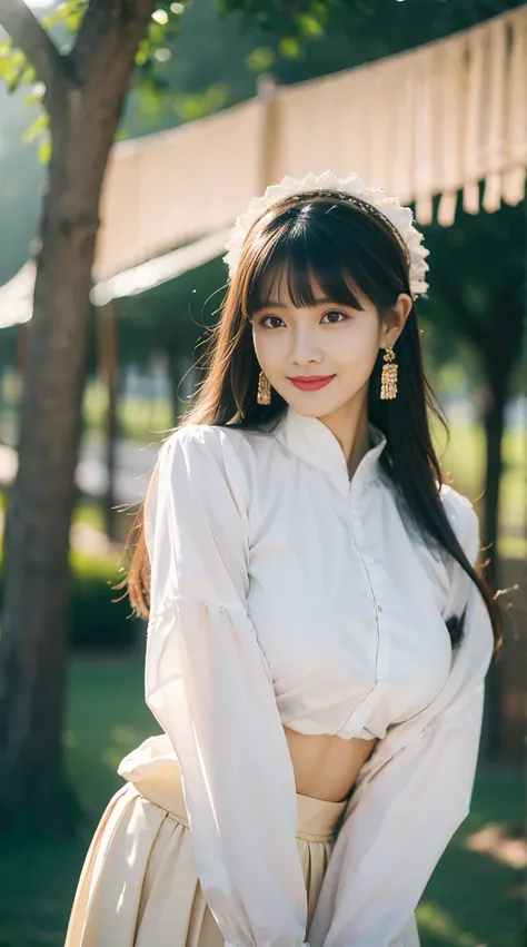 , 1 girl, alone, black hair, nude, jewelry, long hair, looking at the audience, Bangs, earrings, The skirt lifted, White background, Smile, shirt, Rural background, Heart earrings, long sleeves, Heart, black headdress, black shirt, frilled collar, big brea...