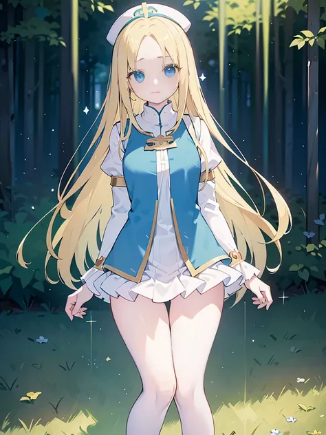 ((Mint Adnade from Tales of phantasia)), 1girl, solo, a priest, 18yo, blond long hair, ((straight hair)), deep blue eyes, Raising bangs, ((Forehead)), large tits, blue hat, ((blue long vestment)),魔法の杖, full body shot, she is spelling Healing magic, ((at ri...