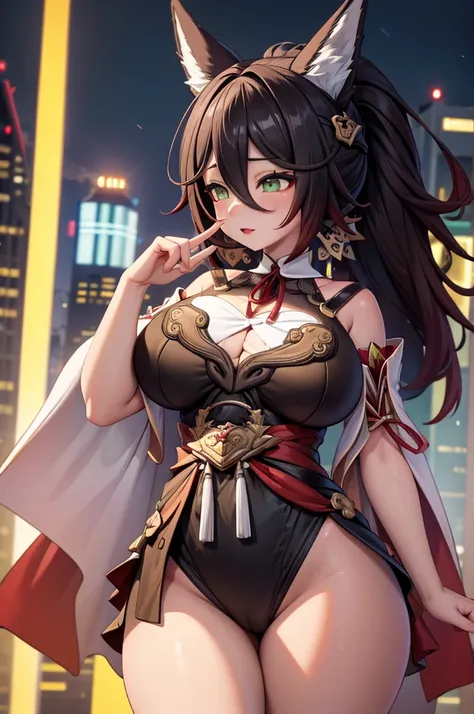 Tingyun, seductive, thick thighs, night city view, realistic, best quality, masterpiece, ultra detail, ultra high res, extreme detail