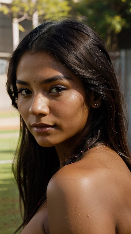 A stunning beautiful face native redIndian lady, with beautiful makeup, 25years old outside on the field