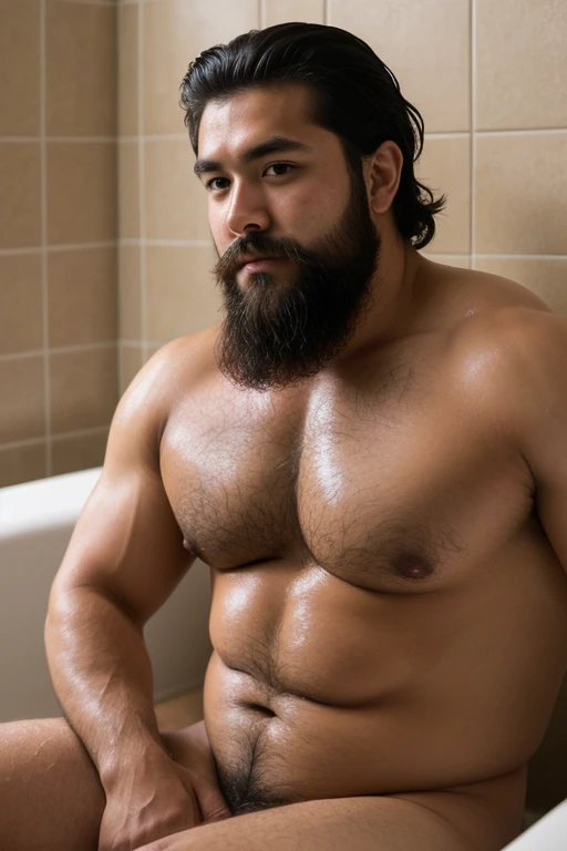 (best quality)), ((masterpiece)), (detailed), perfect plump dark muscle big tainer, hairy chest, 8k, beard, tan skin Japanese , wet, sitting in bath, low angle