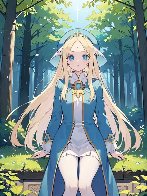 ((Mint Adnade from Tales of phantasia)), 1girl, solo, a priest, 18yo, blond long hair, ((straight hair)), deep blue eyes, ((long bangs)), (((Forehead))), large tits, ((blue hat)), ((dark blue long vestment)), 魔法の杖, full body shot, she is spelling Healing m...