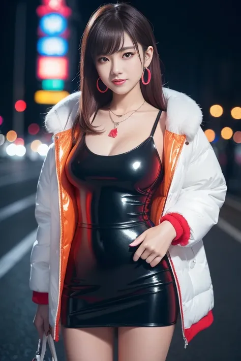 nsfw、female idol、lipgloss、smiling face、full body Esbian、((naked medium breasts))、shiny very large earrings（neon red)、shiny very large necklace（neon red)、shiny glossy wet latex tight mini skirt（neon red)、clutch（neon red)、(Colorful hair (dark brown))、long wh...