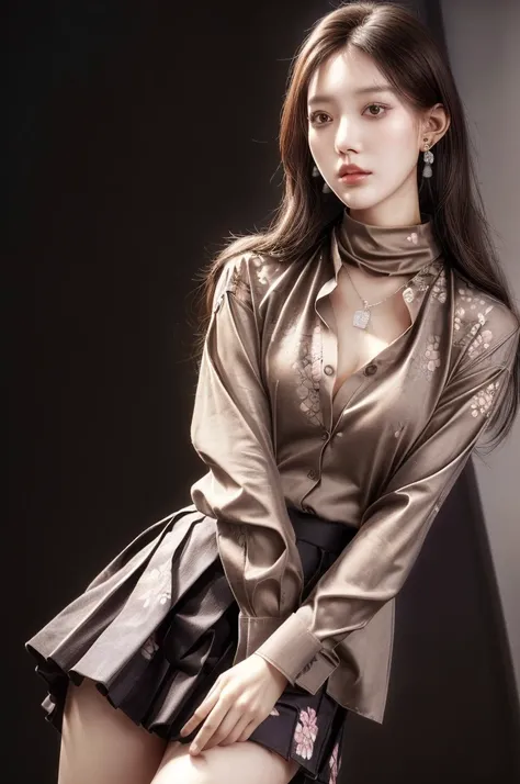 Li Yunsi,1girl,pleated skirt,jewelry,turtleneck,earrings,brown hair,necklace,long hair,brown eyes,(floral shirt:1.2),shirt,best quality,masterpiece,illustration,an extremely delicate and beautiful,CG,unity,8k wallpaper,Amazing,finely detail,masterpiece,off...