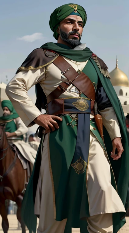 vieil homme arabe combattant du Hamas portant une robe turban marocaine rouge, visage super détaillé corps arabe médiéval super détaillé, debout tenant une arme, ou, éclairage, bâtiment détruit et rassemblement avec dautres combattants, réaliste, détaillé,