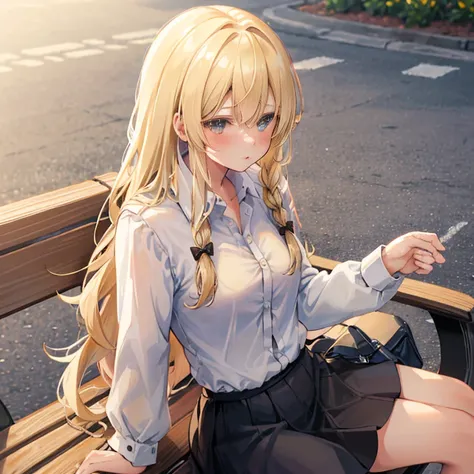 A girl sitting on a park bench，Wearing a white shirt，Wearing a brown short skirt，blond，There is a braid on the left side of the head，blush，not wearing a hat，Look straight in front of the screen，The buttons of the shirt are unbuttoned，Revealing white underw...