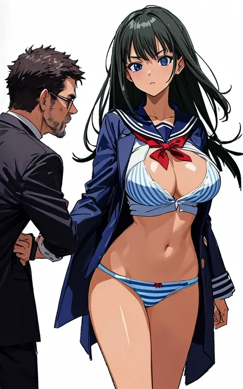 A beautiful woman with shoulder-length black hair, big breasts, beautiful legs, and a sharp face is wearing a sailor uniform with a white miniskirt, showing light blue and blue striped panties as she confronts a middle-aged man in a suit. standing。