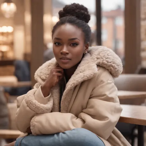 ((Dark African skin, Very deep ebony skin)), ((Its beauty is undeniable)), ((Excited cute face)), ((Hyper detailed perfect eyes,)), ((Language output)), ((laughing)), sexy, ((beige warm winterjacket, jeans, sitting at a Starbucks)), ((Afro ponytail with lo...