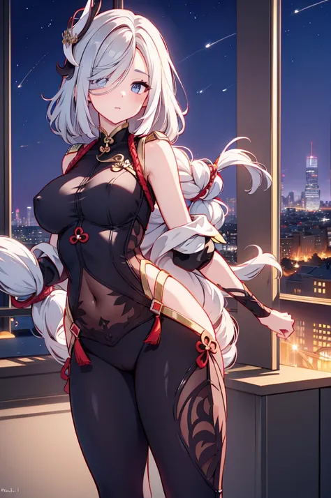 Shenhe, seductive, tight outfit, thick thighs, night city view, realistic, best quality, masterpiece, ultra detail, ultra high res, extreme detail