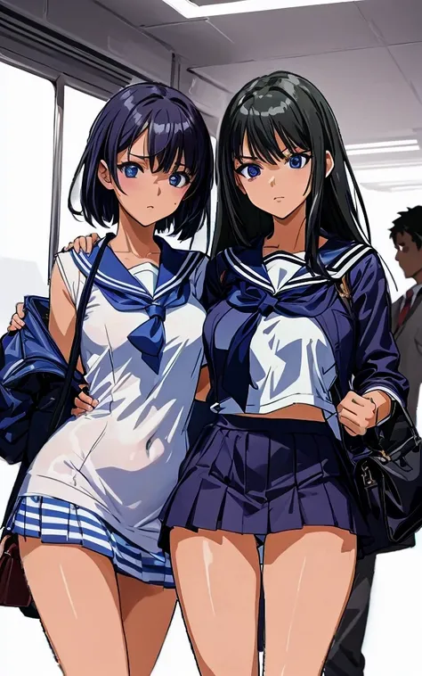 A beautiful woman with shoulder-length black hair, big breasts, beautiful legs, and a sharp face is wearing a sailor uniform with a white miniskirt, showing light blue and blue striped panties, and is meeting a middle-aged man in a suit on a crowded train....