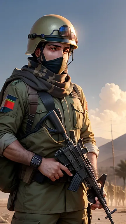 1 person, Palestinian soldier, marine helmet, uniform, half body, Afghanistan, with rifle in hand, scarf around neck, gold watch, war, Combat Uniform, Palestinian marines, Palestinian flag on back