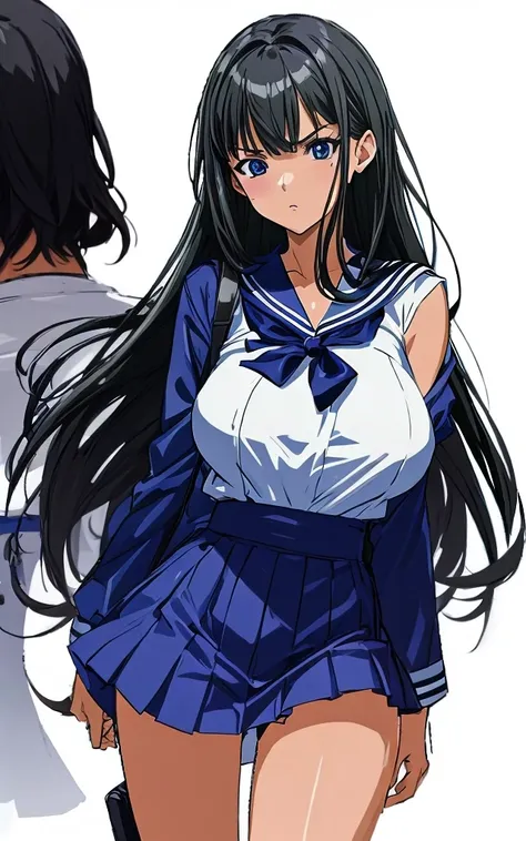 A beautiful woman with shoulder-length black hair, big breasts, beautiful legs, and a sharp face is wearing a sailor uniform with a white miniskirt, showing light blue and blue striped panties as she confronts a middle-aged man in a suit. standing glaring。