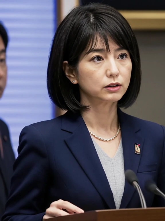 Remarks made at the Diet, Japanese, female, suit figure, politician, gal, serious expression, hair is black, short hair,