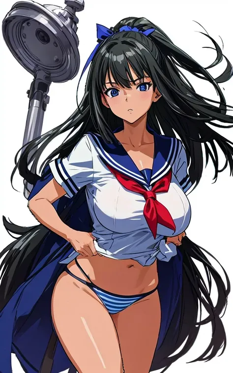 A beautiful woman with long, shoulder-length black hair, big breasts, beautiful legs, and a sharp face is facing off against a middle-aged office worker wearing a sailor uniform with a white miniskirt, showing light blue and blue striped panties. Masu。