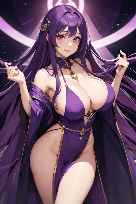 Beautiful girl, long flowing purple hair, purple lips, purple eyes, beautiful purple robe, divine purple robe, big breasts, pleasant smile, bare thighs, bare legs, glowing purple eyes