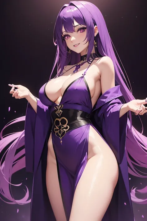 Beautiful girl, long flowing purple hair, purple lips, purple eyes, beautiful purple robe, divine purple robe, pleasant smile, bare thighs, bare legs, glowing purple eyes