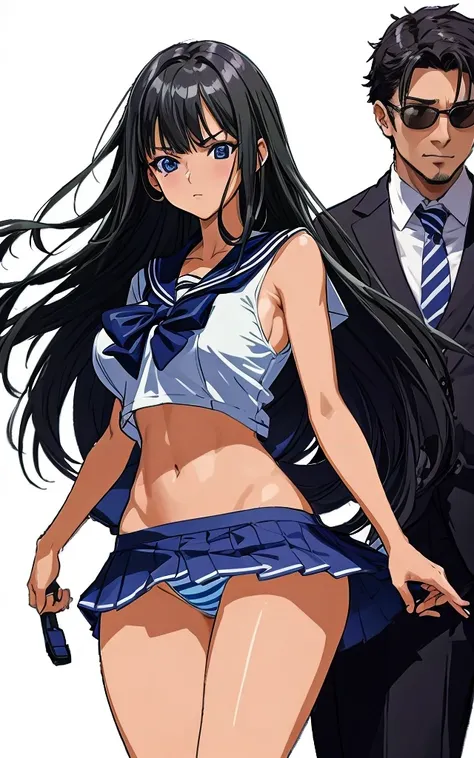 A beautiful woman with shoulder-length black hair, big breasts, beautiful legs, and a sharp face is wearing a sailor uniform with a white miniskirt, showing light blue and blue striped panties as she glares at a middle-aged man in a suit at the station. I&...