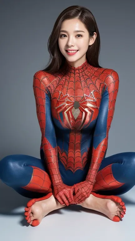 ((highest quality)), (8K), (masterpiece)), (Full body to toes:1.4)、 beautiful woman with perfect figure: 1.4, , (spiderman continues), Highly detailed face and skin texture, fine eyes, double eyelid, (big breasts), (smile),Tokyo city、