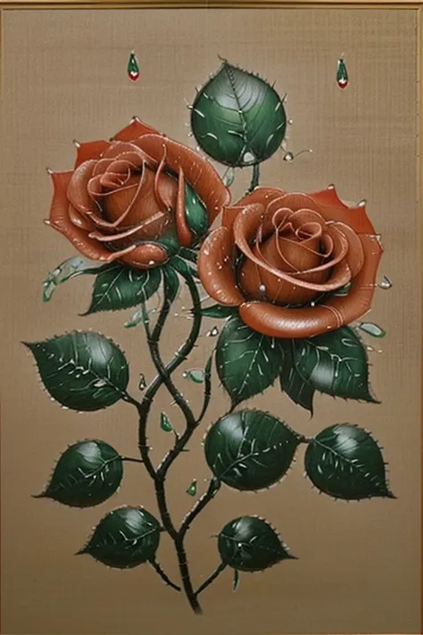 some roses，Chinese meticulous painting of water drops on petals 