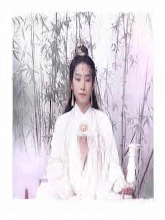 Refer to the picture to draw a Guanyin Bodhisattva wearing a white dress sitting on a lotus seat in a bamboo forest.,The left hand holds the jade vase，Right hand chanting posture，Similar to real-life charity，The background is a bit smoky，High resolution pi...