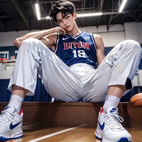 1 Korean young men，male，20 years old，High，Height is 180 cm，Hair is medium length，Basketball jersey，white pants，Nike shoes，White sport socks，Sit on the basketball court，legs open，Badass anime 4k ，POV perspective，Proud，Cold，looking into camera