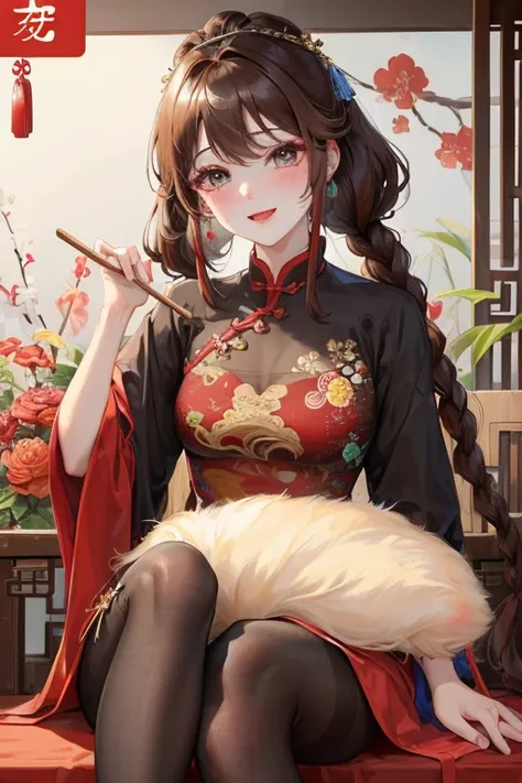 masterpiece, best quality, Married woman， aldult, Chinese style, China, elder sister,  Smile, brown hair, princess cut, Single fried dough stick braid，Pantyhose，Full of motherhood，Chinese style婚礼，Pure desire，blushing，dignified yet lively，Mother，quilt