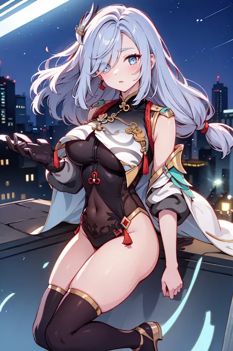 Shenhe, seductive, tight outfit, thick thighs, night city view, realistic, best quality, masterpiece, ultra detail, ultra high res, extreme detail