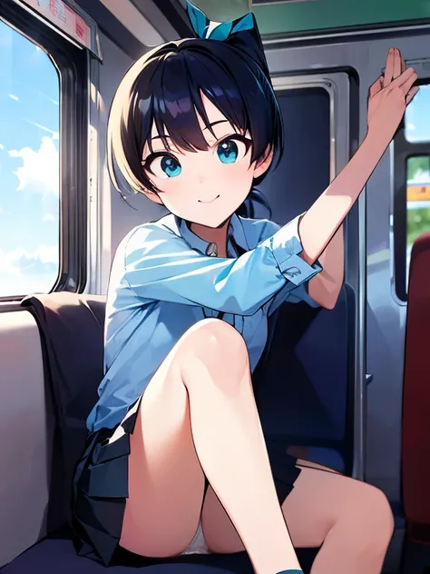 ((highest quality, 8K, Idol Master: 1.3, RAW photo)), sharp focus 1.1),Hibiki Ganaha,Alone, beautiful face, highly detailed face, turquoise eyes,black hair ponytail,large light blue ribbon,Sun-kissed skin,eye highlights,Amazing smile (blue check pleated sk...