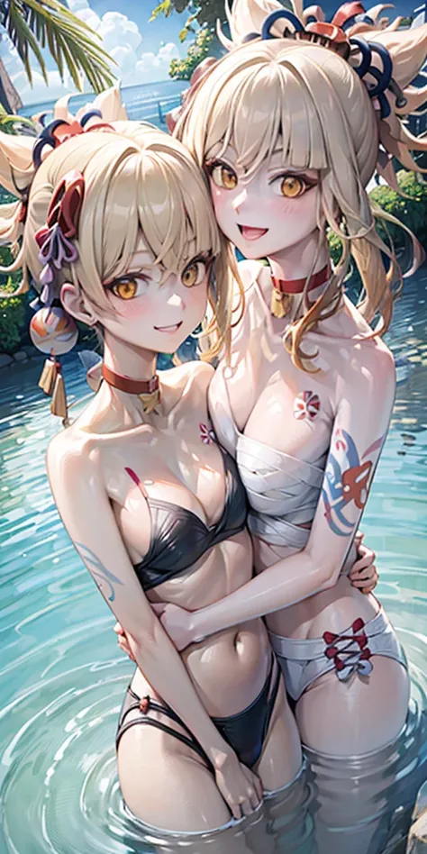 Two girls of the same height smiling in the water in the bathtub，No teeth exposed. Female twins， bright colors，natural lighting, best quality, Chest to chest, hug each other with arms&#39;waist, sunny masterpiece, Navel exposed, blush, Navel exposed, swims...