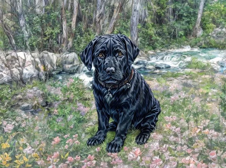 there is a black dog sitting in the grass outside, labrador, really good looking face!!, very handsome, very pretty face, black ...