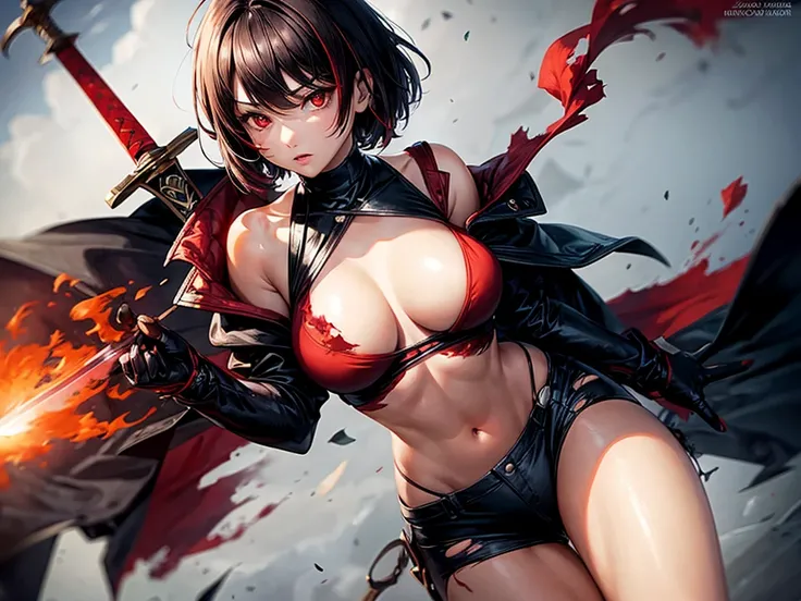 sexy girl, torn clothes, short hair, red eyes, sword with red smoke