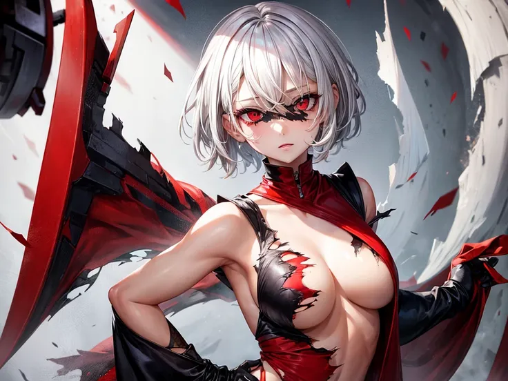 sexy girl, torn clothes, short white hair, red eyes, embarrassed,