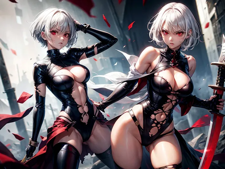 sexy girl, torn clothes, short white hair, red eyes, angry, holding two swords, with power