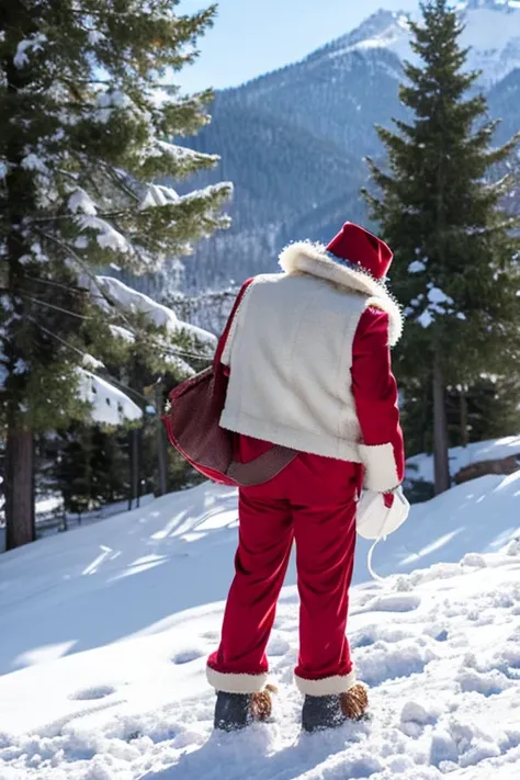 Bigfoot, Santa Claus outfit, Being in the snowy mountains, Carrying a white bag, Stand with your back to you