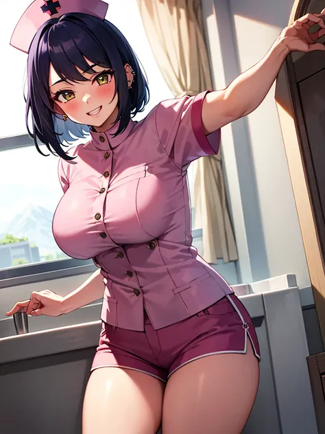 1 girl, alone, kujousaradef, nurse, smile, blush, hospital, indoor, Day, window, big breasts, thick thighs, short hair, null, temple, looking at the viewer, stage, Mountain, moody lighting, Face-to-face audience, sexy pose, show teeth, ear piercing, nurse ...